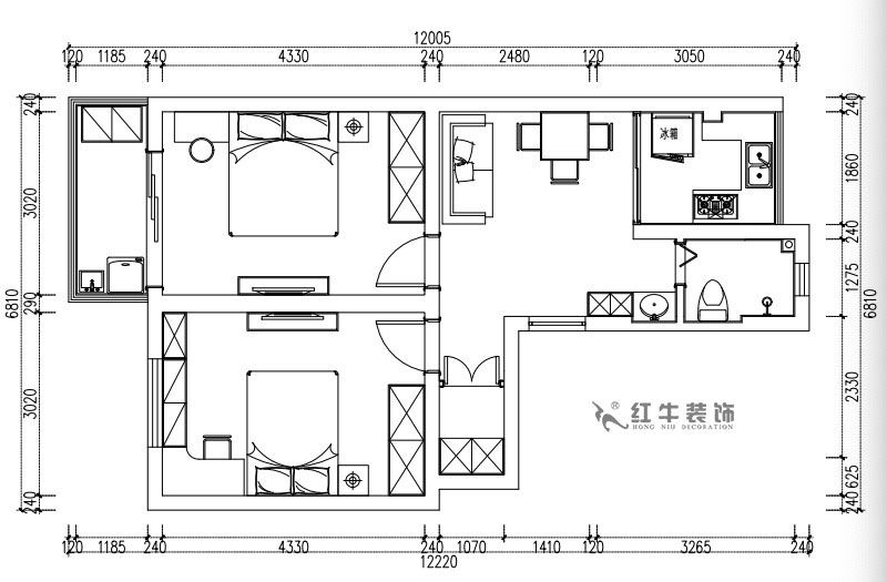 張桐瑋_武定新村41-402-60㎡-簡歐風格_2室1廳1衛(wèi)（老房裝修）_定制家￥83500_全包10萬00_02平面布置圖