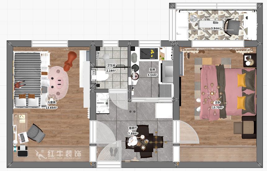 高靈慧｜華新巷16-405-55㎡-北歐風(fēng)格｜2室1廳2衛(wèi)｜老房裝修｜定制家￥100000｜全包10萬(wàn)｜00_03彩平圖