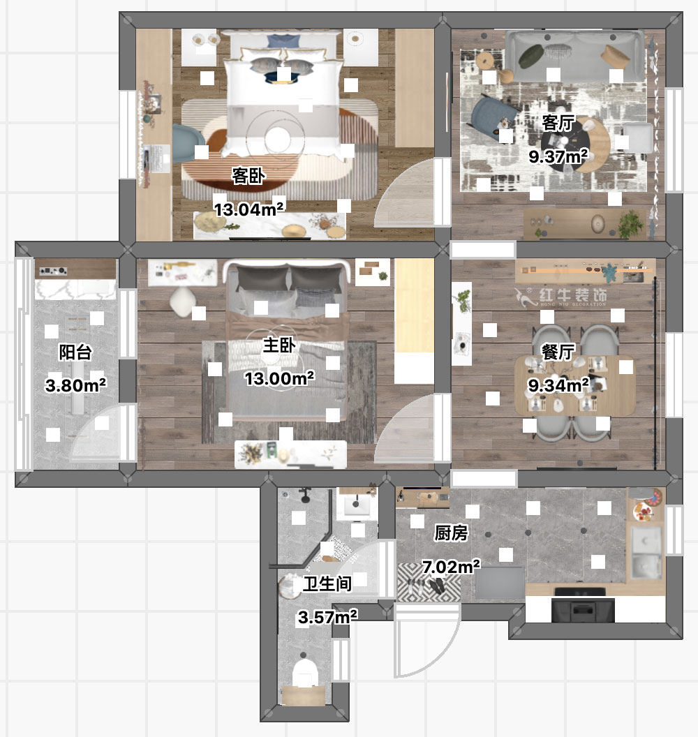 顧娟｜鼓樓街3號(hào)3-506-70㎡-北歐風(fēng)格｜3室2廳1衛(wèi)｜舊房裝修｜定制家￥110000｜全包12萬｜00_04平面彩圖