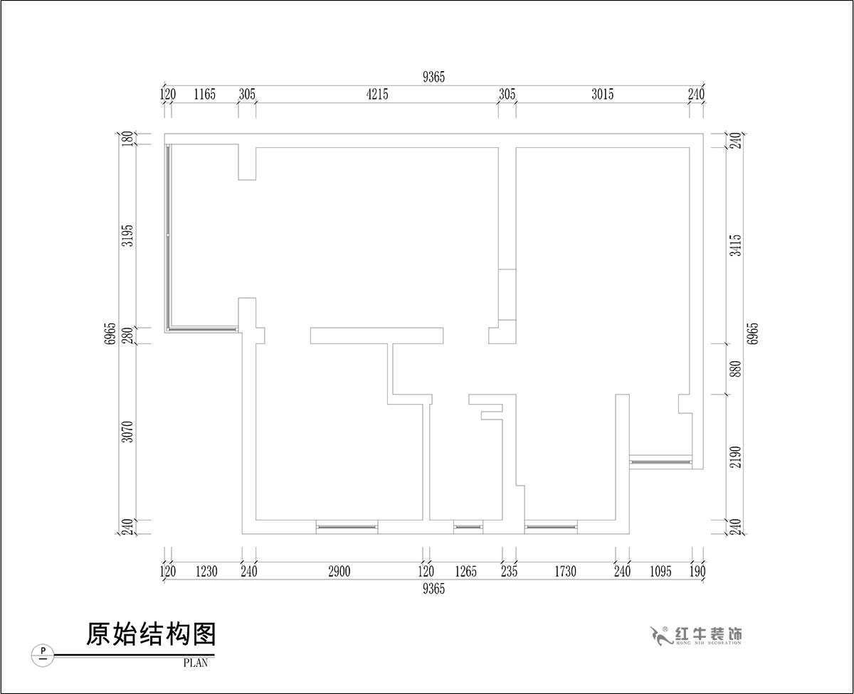 張桐瑋｜騰飛園7-104-58㎡-現(xiàn)代簡約風格｜2室1廳1衛(wèi)｜舊房改造｜定制家￥65000｜全包10萬｜00_01原始結構圖