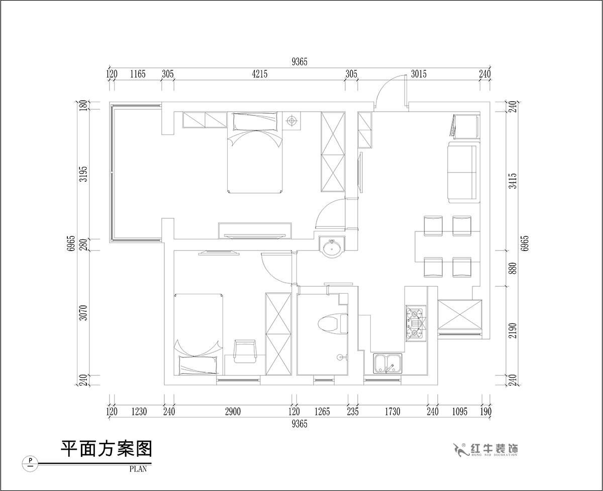 張桐瑋｜騰飛園7-104-58㎡-現(xiàn)代簡約風格｜2室1廳1衛(wèi)｜舊房改造｜定制家￥65000｜全包10萬｜00_02平面方案圖