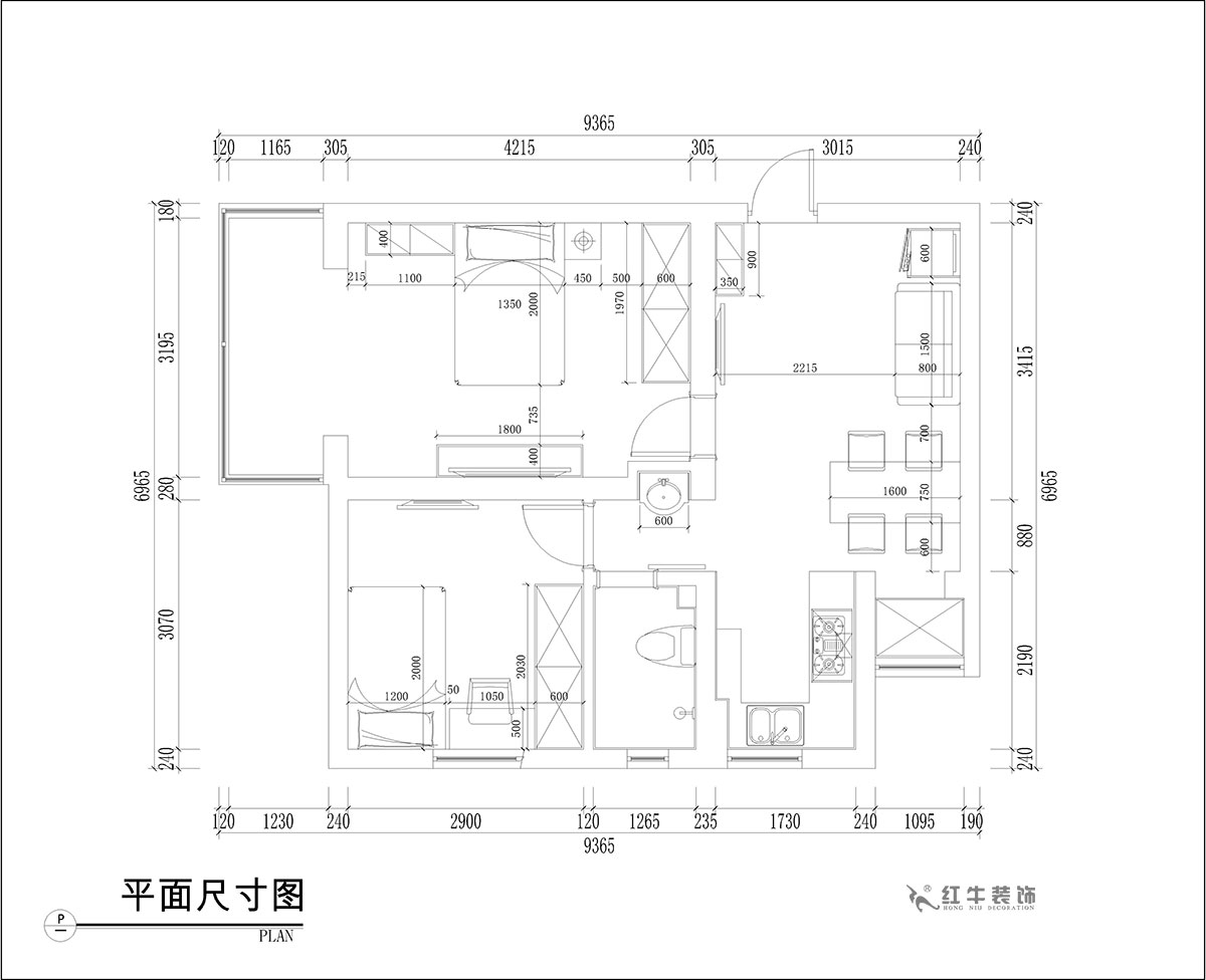 張桐瑋｜騰飛園7-104-58㎡-現(xiàn)代簡約風格｜2室1廳1衛(wèi)｜舊房改造｜定制家￥65000｜全包10萬｜00_03平面尺寸圖