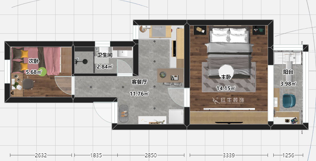 劉曉芳｜老虎頭41-701-50㎡-現(xiàn)代風(fēng)格｜2室1廳1衛(wèi)｜老房裝修｜定制家￥88740｜全包8