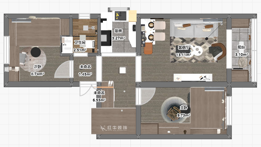 孟憲濤｜張府園小區(qū)20號202室-70㎡-簡約風格｜2室1廳1衛(wèi)｜老房裝修｜定制家￥95000｜全包12萬｜00_03平面彩圖