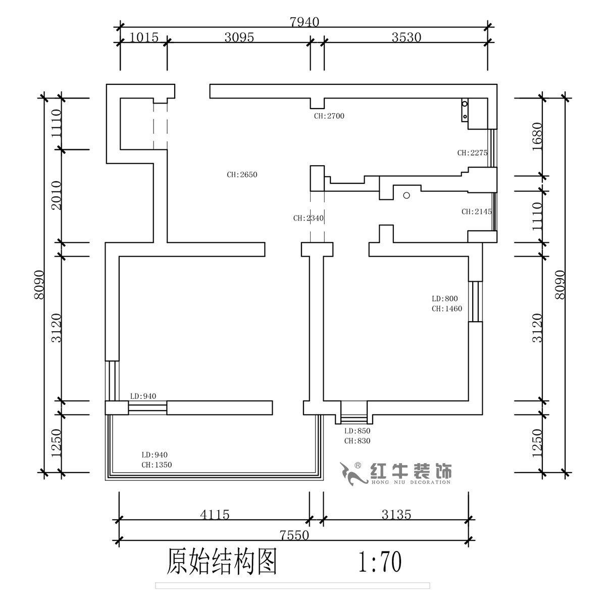 蔣?。珗@路44號小區(qū)3-204-60㎡-現(xiàn)代簡約風格｜2室1廳1衛(wèi)｜舊房裝修｜定制家｜全包10萬｜00_01原始結構圖