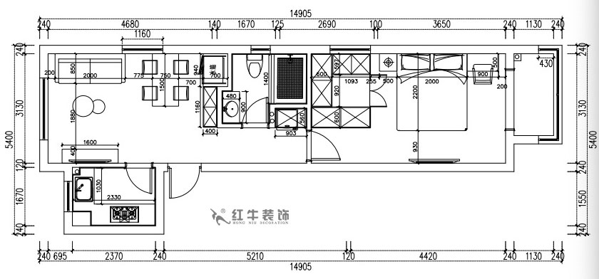 張桐瑋｜紫楊佳園29-2101-59㎡-現(xiàn)代簡約風(fēng)格｜2室1廳1衛(wèi)｜新房裝修｜定制家￥89500｜全包10萬｜00_03平面尺寸圖