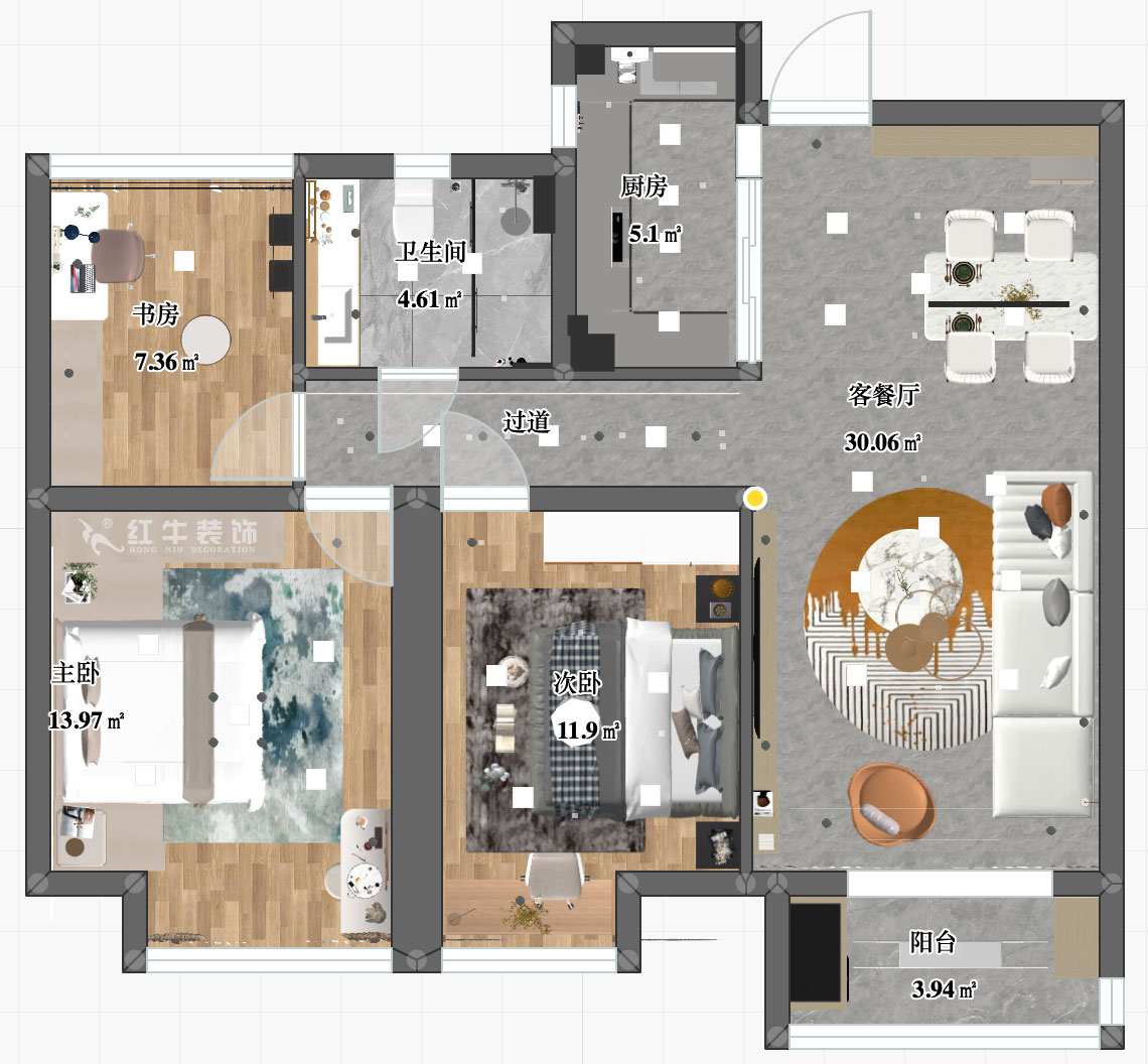 張智猿｜紫峰公館1-2棟1006-88㎡-現(xiàn)代風(fēng)格｜3室1廳1衛(wèi)｜老房裝修｜定制家￥122000｜全包11萬｜00_03平面彩圖