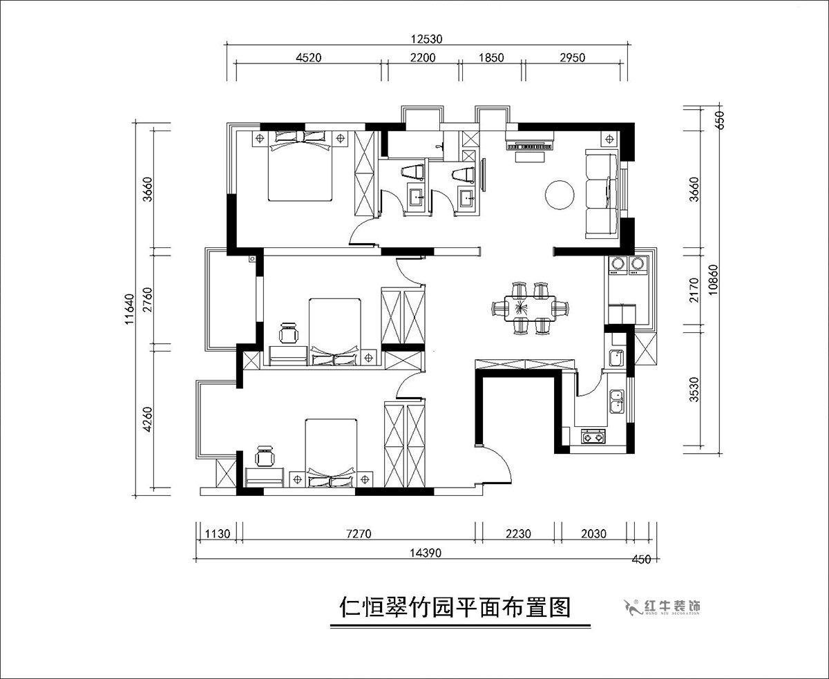 朱彥｜仁恒翠竹園26-204-130㎡-簡(jiǎn)約風(fēng)格｜3室2廳2衛(wèi)｜老房裝修｜定制家｜全包20萬｜00_02平面布置圖