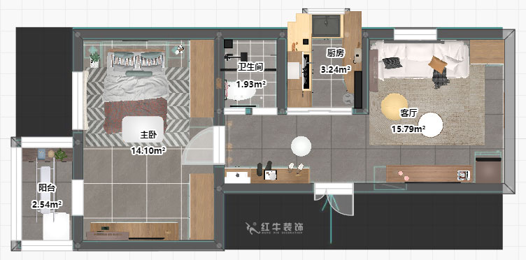 孟憲濤｜大光路菜市口1號(hào)2-2-205-50㎡-簡(jiǎn)約風(fēng)格｜1室1廳1衛(wèi)｜老房裝修｜定制家｜全包9萬｜00_03平面彩圖