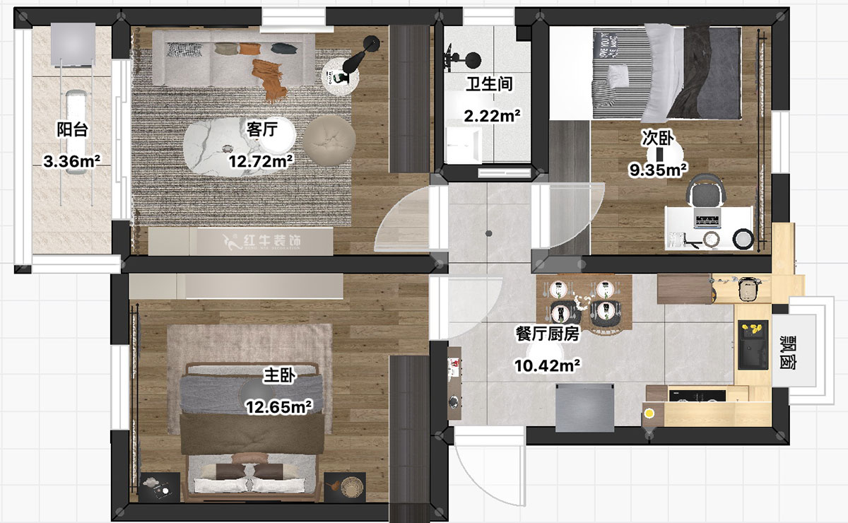 朱彥｜普德村118號(hào)4-406-65㎡-簡(jiǎn)約風(fēng)格｜2室2廳1衛(wèi)｜老房裝修｜定制家｜全包11萬(wàn)｜00_03平面彩圖