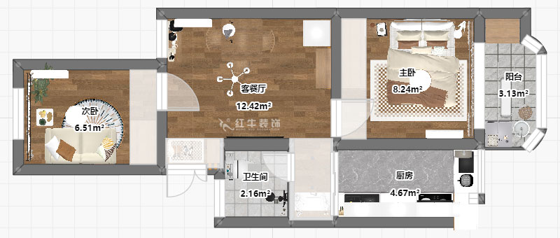 高靈慧｜南苑臺園26號9-401-60㎡-北歐風(fēng)格｜2室1廳1衛(wèi)｜老房裝修｜定制家｜全包9萬｜00_03平面彩圖