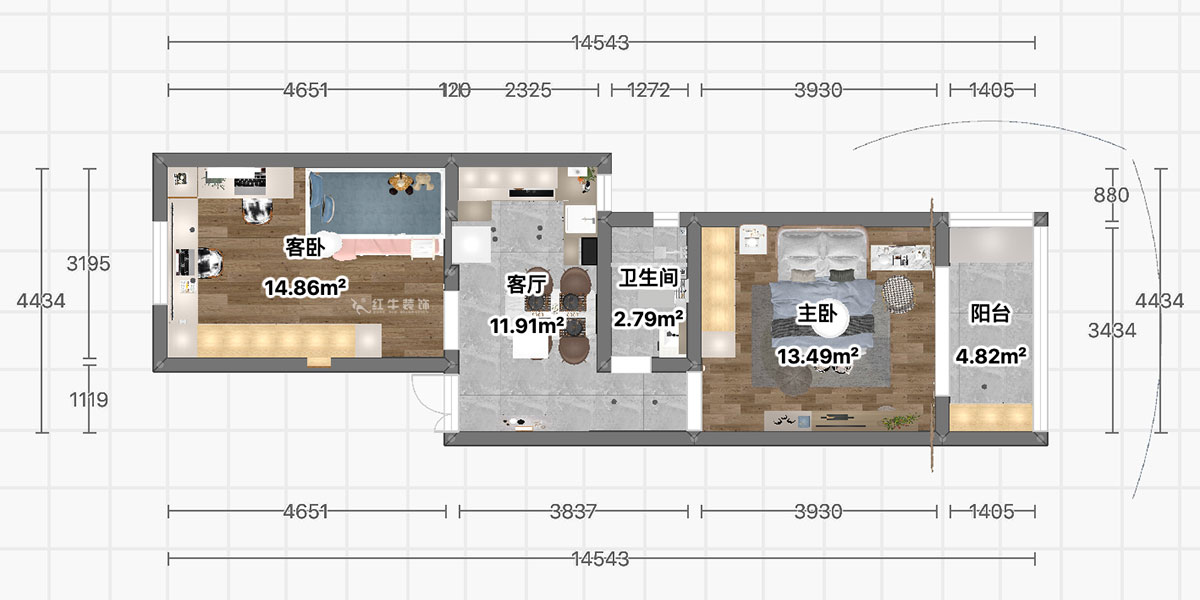 顧娟｜游府新村14-53-702-60㎡-現(xiàn)代簡約風格｜2室2廳1衛(wèi)｜舊房裝修｜定制家｜全包11萬｜00_03平面彩圖