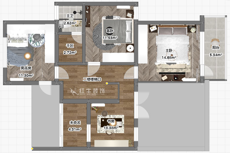 吳波｜翠屏國際香樟苑-7-404-124㎡-現(xiàn)代風(fēng)格｜3室2廳2衛(wèi)｜二手房裝修｜定制家｜全包17萬｜00_06二樓平面彩圖