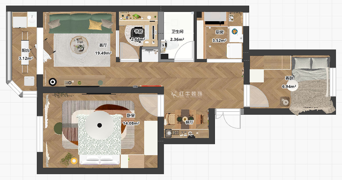 朱明琪｜評事街137號3-402-71㎡-原木風格｜3室2廳1衛(wèi)｜老房改造｜定制家｜全包11萬｜00_03平面彩圖