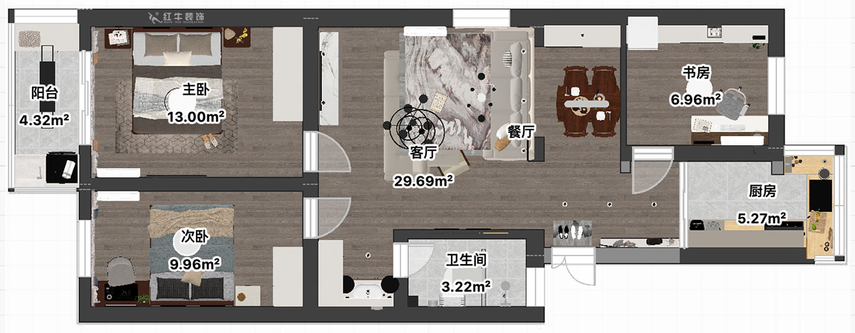 吳波｜寧工新寓一村44-502-90㎡-現(xiàn)代簡約風(fēng)格｜3室2廳1衛(wèi)｜舊房裝修｜定制家｜全包12萬｜00_04平面彩圖